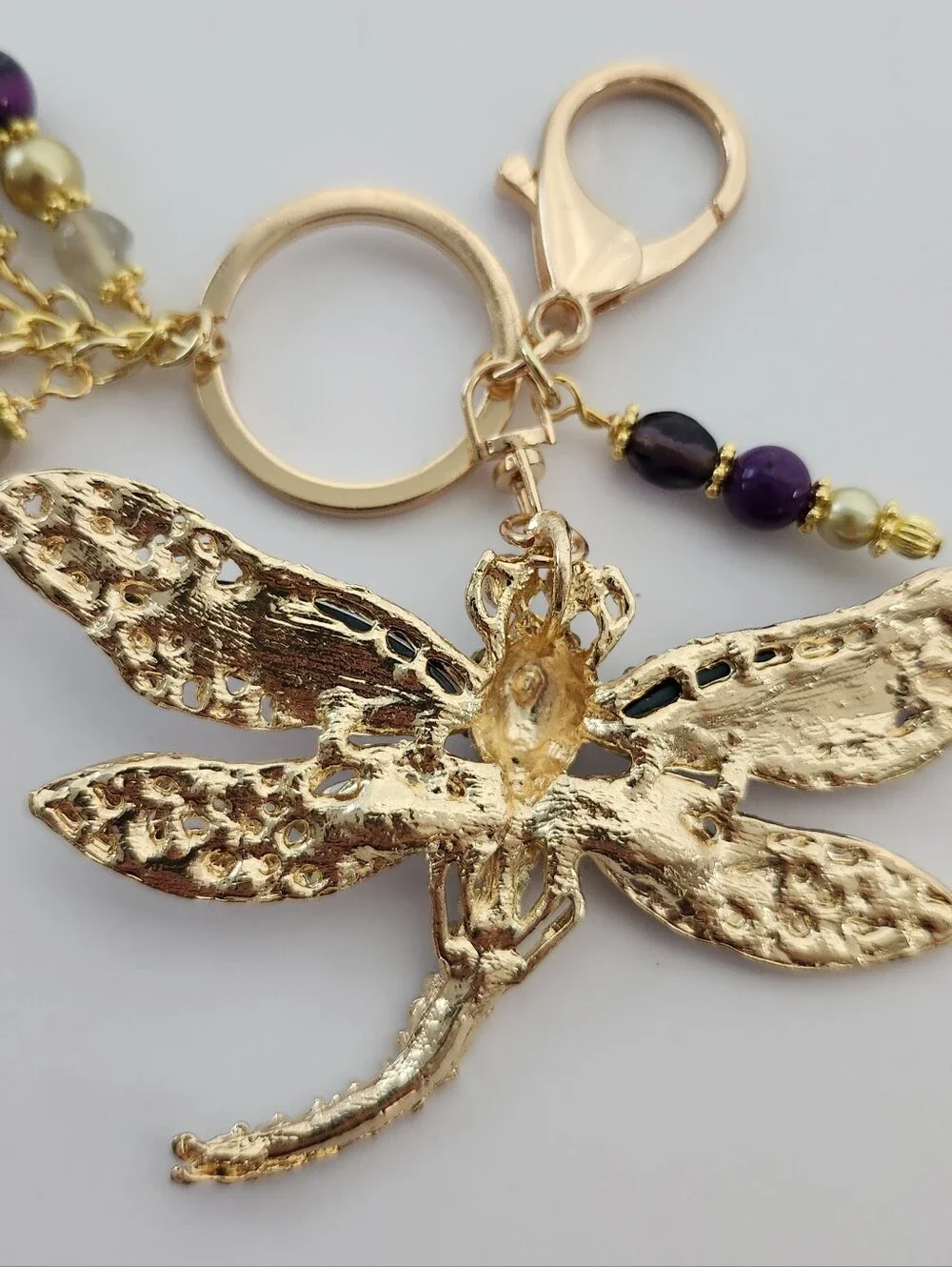 Dragonfly Rhinestone Purse Charm Amethyst Aurora Tigers Eye Handcrafted